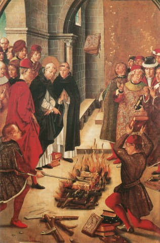 Obraz »Saint Dominic burning books of the Cathars« z kostela S. Tomáše v Ávile. Autor: Pedro Berruguete, okolo roku 1500.