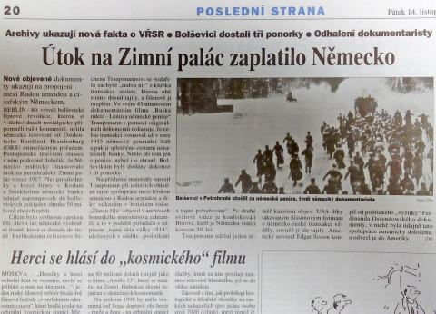 Rusko, VRSR, utok na Zimni palac zaplatilo Nemecko, Lidove noviny, 14.11.1997a