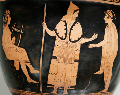 Orpheus amongst the Thracians (left). Greek, Attic Terracotta bell-krater (bowl for mixing wine and water). Ca 440BC.