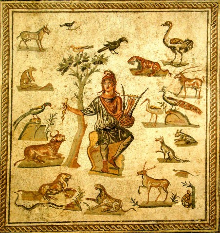 Roman mosaic depicting Orpheus, wearing a Phrygian cap and surrounded by the beasts charmed by the music of his lyre