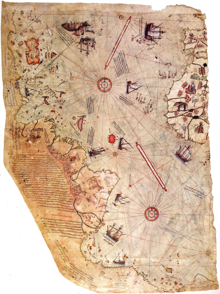 Piri Reis' Chart of the Ocean Sea 1513. Left: South America displaying a cynocephalus (dog-headed man), a blemmya (man with his face on his chest) and new world animals. Right: Northwest African coast. NOTE: The fact that half of each of lines is missing is the clearest proof of the map’s having been torn in two.