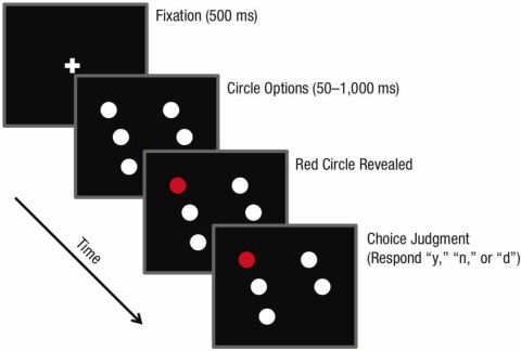 Fig. 2. Experimental procedure in Experiment 1. Five white circles appeared in random posi- tions on the screen for a variable amount of time, and participants were asked to choose one of the circles mentally. One circle was then randomly selected to turn red. While these circles remained on the screen, participants pressed a key on the keyboard to indicate whether they had chosen the circle that turned red (“y”), had chosen a different circle (“n”), or had not had enough time to reach a decision before a circle turned red (“d”). 