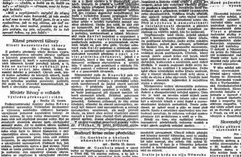 Článek Lidových Novin ze dne 16. února 1939: KÁRNÉ PRACOVNÍ TÁBORY. Nikoli koncentrační tábory!