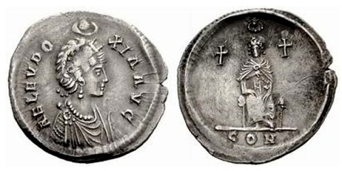 Aelia Eudoxia, wife of Arcadius No.617 Light miliarense, Constantinople 400-404, AR 4.46 g — Diademed and draped bust r., wearing earring and necklace; crowned above by the Hand of God. Rev. The Empress seated on throne facing, wearing diadem (?) and mantle, crowned above by the Hand of God; at sides, two crosses.