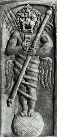 Aion (god of eternity) on Globe. Relief from the Villa Albani, period of Commodus (AD 180-93). Rome, Museo Torlonia — The worship of Zurvan is seen again in Mitrism in the statues of the god Aion and is also Kronos-Saturn as a God of Time.