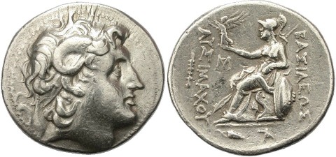 Alexander the Great as Zeus Ammon; Silver tetradrachm; obverse diademed head of the deified Alexander, with horn of Ammon; reverse Athena Nikephoros seated left, Nike in right crowning king's name with wreath; 280-250 BC