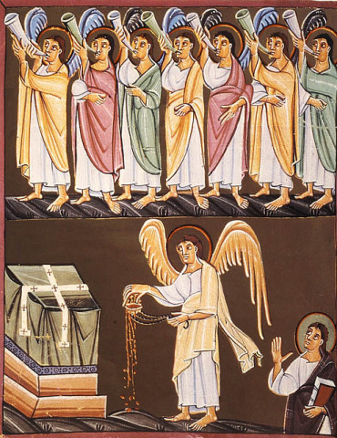 The Seven Trumpets and the angel with a censer. Ca. 1000 AD. Bamberg, Staatsbibliothek, MS A. II. 42