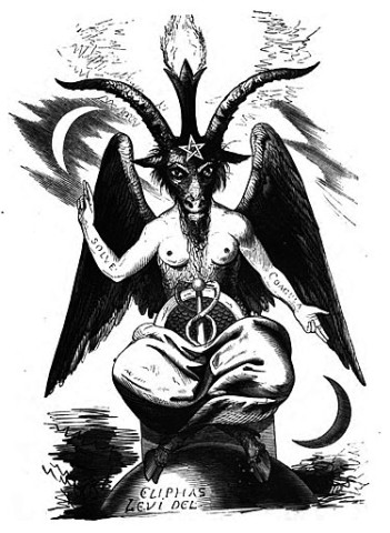 Satanism symbol, god Baphomet, from Eliphas Levi's "Dogme et Rituel de la Haute Magie", 1854 | Since 1856, the name Baphomet has been associated with a "Sabbatic Goat" image drawn by Eliphas Levi which contains binary elements representing the "sum total of the universe" (e.g. male and female, good and evil, ... etc.)