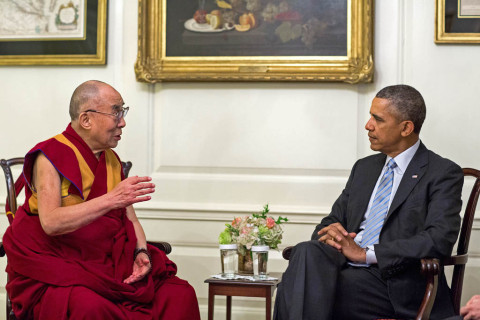 President Barack Obama meets with the Dalai Lama in the Map Room of the White House, Feb. 21, 2014. (Official White House Photo by Pete Souza)