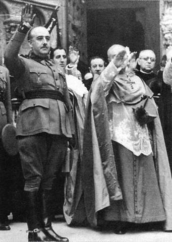 Catholic Church demonstrating its support of the Falangist (Fascist) General Francisco Franco.