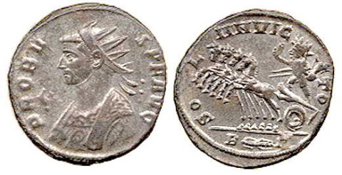 Coin of Emperor Probus, circa 280, with Sol Invictus riding a quadriga, with legend SOLI INVICTO.