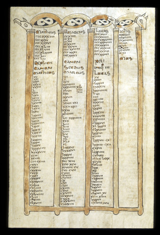 Egerton 609: Gospels with the Epistle to Damasus. Canon table in a micro-architectural frame, with beak heads.