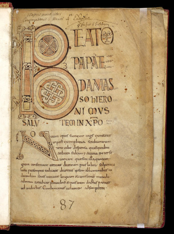 Egerton 609: Gospels with the Epistle to Damasus. Decorated initials (B)eato and (N)ovum with interlace at the beginning of Jerome's letter to Pope Damasus, Parchment codex, 9th century.