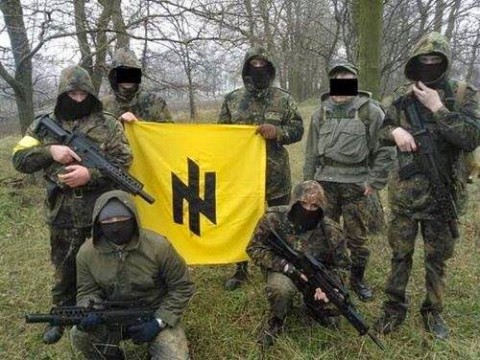 Flag of the Azov Battalion, also 1st sign of Social-National Party of Ukraine