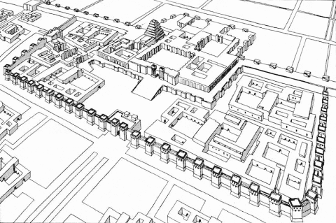 Dvanáctá planeta, obr. 06: Khorsabad citadel, restored. Bird's-eye view from the east. In the Lower Left Is Residence; In The Upper Left, Town Gate