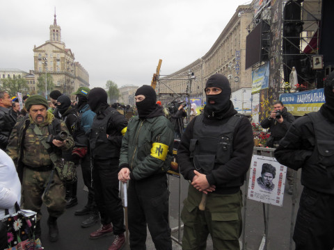 Kiev 2014-04-13 meeting at the Maidan main stage initialized by Right Sector activists. Right Sector's security at the stage