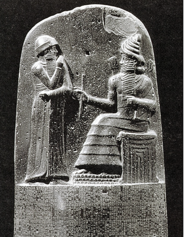 Law Code Stele of Hammurabi, king stands before the throne of the sun god