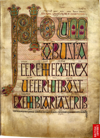 Page 2 of Lindisfarne Gospels, one of the most magnificent manuscripts of the early Middle Ages, was written and decorated at the end of the 7th century by the monk Eadfrith, who became Bishop of Lindisfarne in 698 and died in 721. The first of five major decorated openings in the manuscript introduces the letter which St Jerome addressed to Pope Damasus, at whose request he carried out the revision of the Latin Bible text during the late 4th century. A cross-carpet page, named from its striking resemblance to a carpet composed of crosses, faces a page of decorated initials and display capitals, beginning with the Latin word 'Novum', new. 