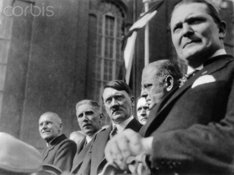 Members of the Cabinet Hitler, which was formed in January 1933, are pictured during the parade of the Reichswehr after the ceremonial opening of the Reichstag in the Garrison Church in Potsdam, Germany, 21 March 1933. From left: Reich Minister of the Interior, Wilhelm Frick, Vice Chancellor Franz von Papen, Reich Chancellor Adolf Hitler, and Reich Minister Hermann Göring.