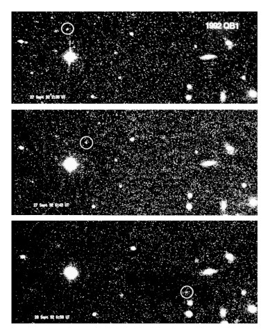 27 Sept 1992: New Planet Found in the Outer Solar System. Extremely Distant Minor Planet 1992 QB1. Source: European Southern Observatory (ESO) | This photo is a composite of three 5-min exposures of the probably most distant object known in the solar system. They were made on September 27 and 28, 1992, with the ESO 3.5 m New Technology Telescope at La Silla.These images were obtained by astronomers Alain Smette (ESO) and Christian Vanderriest (Observatorie de Meudon, Paris). The new object was discovered by American astronomers in late August 1992 and has been given the provisional designation {it 1992 QB1}.  The faint image of the 23-magnitude object is indicated by circles.  The diameter is estimated as about 200 km. The very slow motion (about 75 arcseconds/day) corresponds to a distance of more than 6000 million km from the Sun. This places it just outside the orbit of the planet Pluto.The sky field shown the photo measures 3.3 arcminutes across. North is up and east is to the left. The exposure times are indicated in Universal Time (UT).