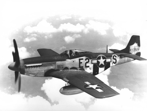 Example of an additional fuel tank at bottom of North American P-51 Mustang fighter plane. 