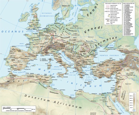 Římská říše pod vládou Hadriána (vládl 117–138). Venedové sídlili pravděpodobně na horní Visle v dnešním Polsku.