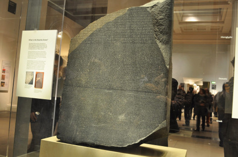 Dating from 196 BC, the Rosetta Stone was carved in honour of Pharaoh Ptolemy V and his ancestors. The text as such was composed so that three different segments of the population could read it: in hieroglyphics for the priests, in a derived demotic script for everyday purposes, and in Greek for the then rulers of Egypt. Since the Stone was indispensable when it came to deciphering the hieroglyphic code, it is now seen as early testimony to the work of translators.