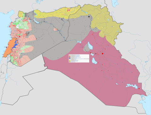 Mapa rozložení vojenských sil v Iráku, Sýrii a Libanonu ze dne 11.1.2016 (šedá barva značí území pod kontrolou Islámského státu)