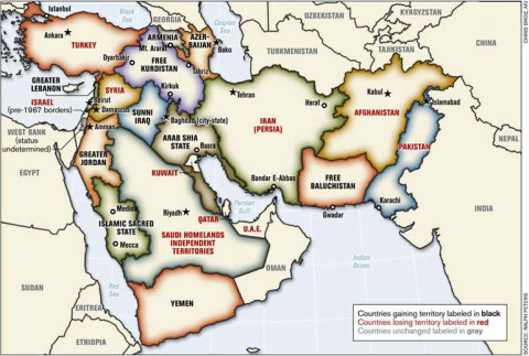 Map prepared by Lieutenant-Colonel Ralph Peters (retired colonel of the U.S. National War Academy) in the Armed Forces Journal in June 2006 shows a balkanized Syria and Middle East