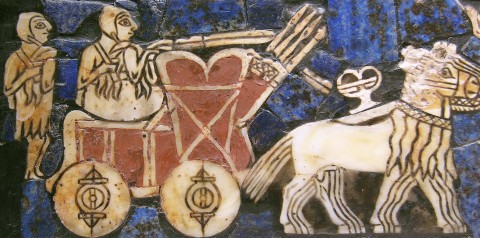 Dvanáctá planeta, obr. 19: Wheel, invented sometime before the 4th millennium BC, is one of the most ubiquitous and important technologies. This detail of the "Standard of Ur", ca. 2500 BC., displays a Sumerian chariot