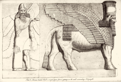 Winged bull (Nergal) and attendant, sculptures of the Nergal Gate (A. H. Layard, A Second Series of the Monuments of Nineveh, 1853, pl. 3)