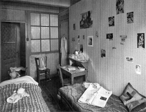 On the walls of the room in which she hid, Anne pasted pictures, one of the few things the Nazis did not strip when the Franks were arrested. The room is now refurnished to look as it might have when Anne was in hiding.