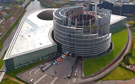 EU Tower of Babel: Aerial view of the European Parliament building in Strasbourg, France, taken on 21 April 2004. Photo EPA