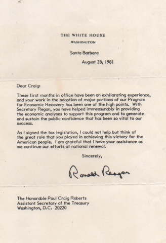 Paul C. Roberts: Reagan letter, August 1981