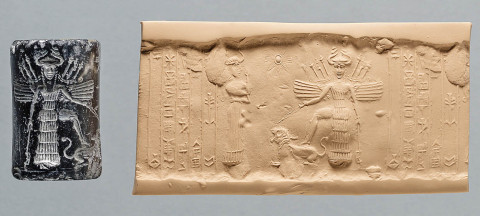 Dvanáctá planeta, obr. 12: Cylinder seal dedicated to little-known goddess, Ninishkun, who is shown interceding on the owner's behalf with the great goddess Ishtar. Ishtar places her right foot upon a roaring lion, which she restrains with a leash. The scimitar in her left hand and the weapons sprouting from her winged shoulders indicate her war-like nature. Iraq, Akkadian Period, Reign of Naramsin or Sharkalishari, ca. 2254-2193 BC | Source: Oriental Institute Museum