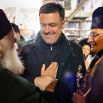 Ukraine Fascists Oleh Tiahnybok, leader of the Svoboda party, talks with Ukrainian Greek Catholic Church Archbishop Emeritus Lubomyr (Guzar) at anti-government protests on 2013-12-11 in Kiev.